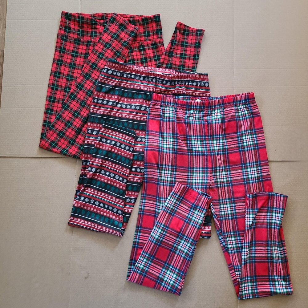 Set of 3 Womens Juniors Print Pants Leggings Plaid Holiday Red Green